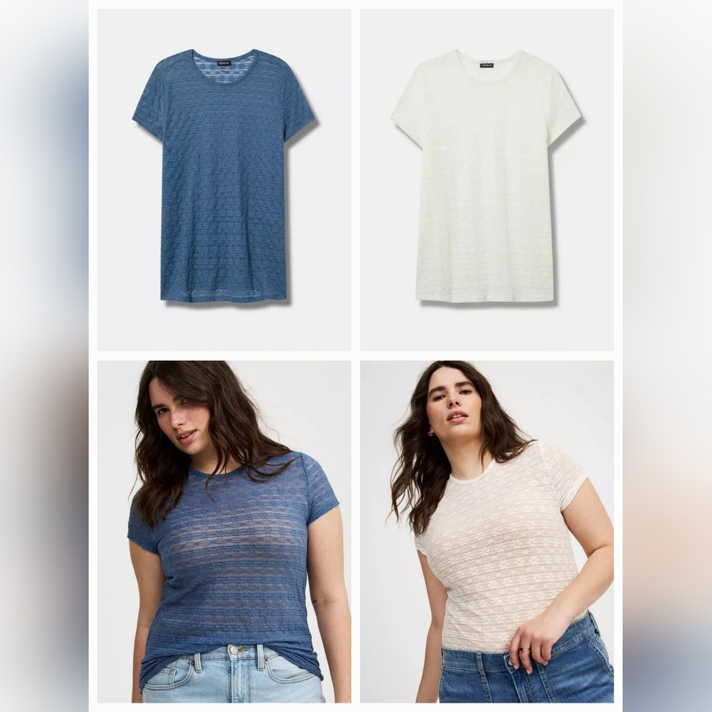 New 2 Torrid Daisy Stretch Lace Fitted Tees, Blue Horizon & Whisper White 1X